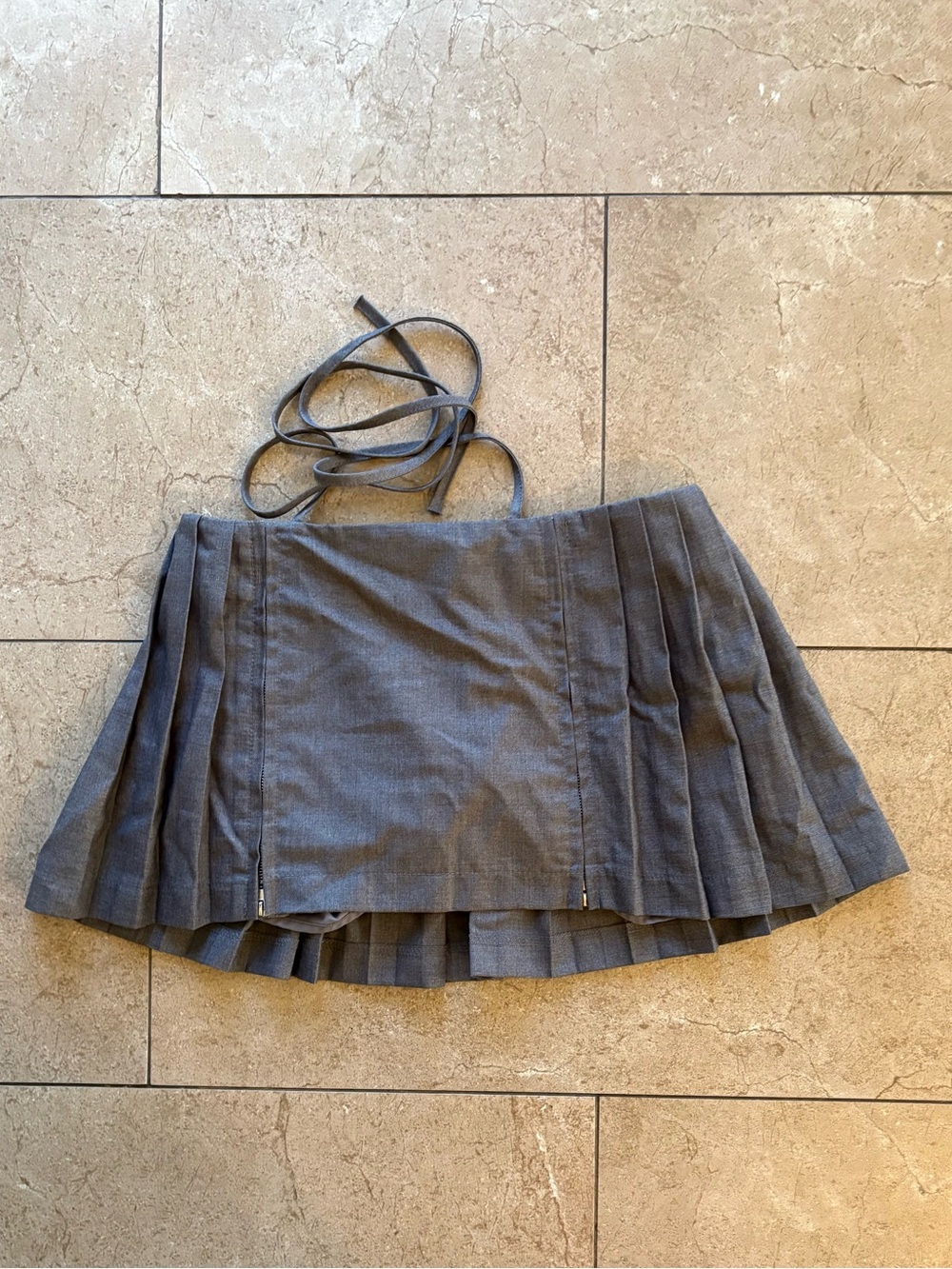 Gray Pleated Mini Skirt with Waist Tie